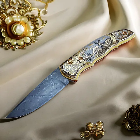 Дамасский складной нож «Олени» — оригинальный подарок